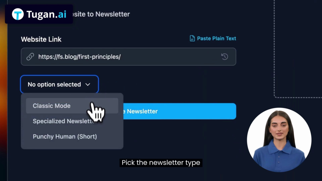 tugan ai Newsletter generation modes